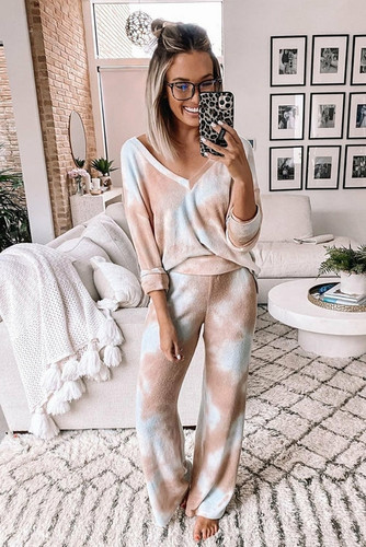 Multicolor Deep V-neck Dropped Shoulder Tie-dye Pant Pajama Set