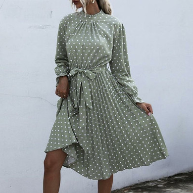 Modest Dresses: Women's Polka Dot Long Sleeve Modest Midi Dress