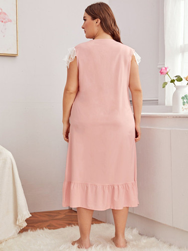 Plus Contrast Lace Ruffle Hem Nightdress, Modest Nightgown