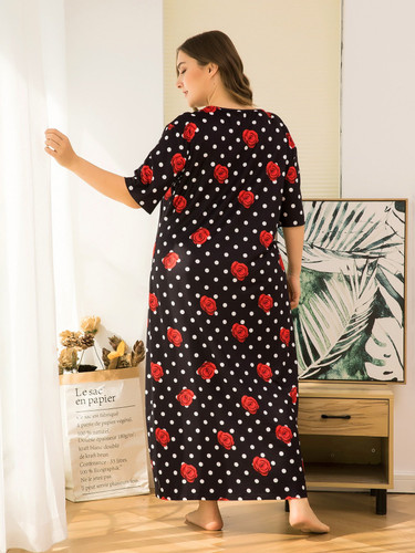 Plus Polka Dot & Floral Print Night Dress, Modest Nightgown Plus Polka Dot & Floral Print Night Dress, Modest Nightgown
