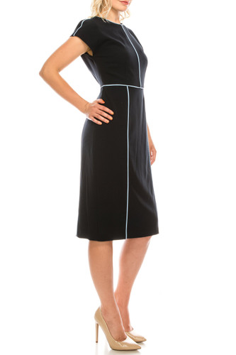 Maggy London Navy Cap Sleeve Modest Dress with Piping Detail Maggy London Navy Cap Sleeve Modest Dress with Piping Detail