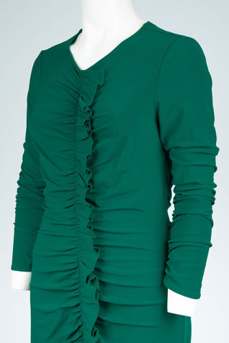 Maggy London Long Sleeve Jewel Neckline Ruched Sheath Modest Dress in Green, Modest Christmas Dress