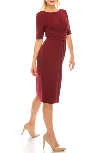 Modest Dresses: Adrianna Papell Dark Scarlet Scuba Pleated Draped Modest Dress, Modest Bridesmaid Dress Modest Dresses: Adrianna Papell Dark Scarlet Scuba Pleated Draped Modest Dress, Modest Bridesmaid Dress
