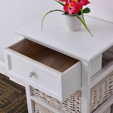 3-Tier 1-Drawer  End Table | Night Stand with 2 Wicker Baskets - Set of 2 in White