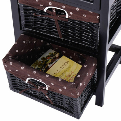 3-Tier 1-Drawer  End Table | Night Stand with 2 Wicker Baskets - Set of 2 in Black