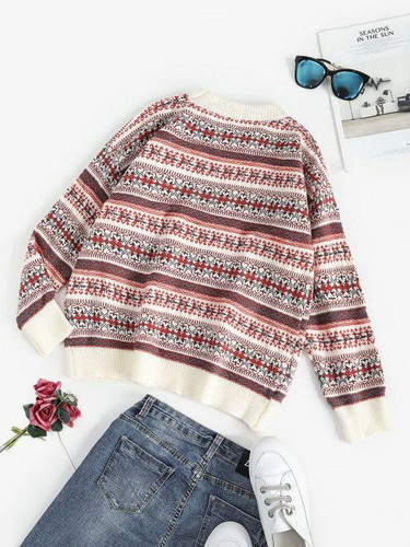 Drop Shoulder Crew Neck Fair Isle Knit Sweater