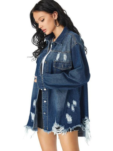 Distressed Pocket Drop Shoulder Long Denim Coat