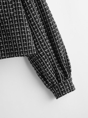 Drop Shoulder Flap Pocket Grid Tweed Jacket