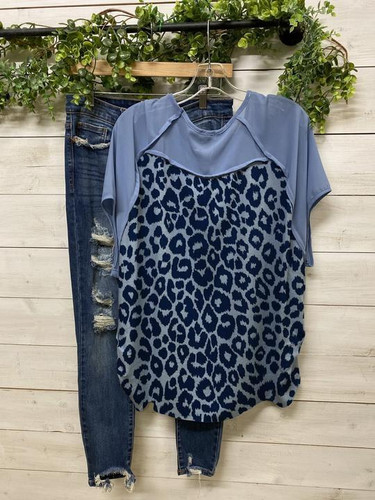 2021 Fashion Blue Leopard Print Short Sleeve Top