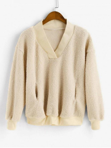 Pocket V Neck Drop Shoulder Fluffy Teddy Sweatshirt