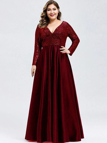 Plus Sequin Bodice Satin Maxi Prom Dress