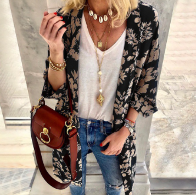 Fashion all-match floral print long sleeve cardigan