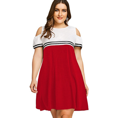 Plus Size Double Striped Open Shoulder Dress