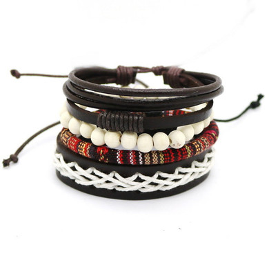 1 Set 4PCS leather bracelet Men's multi-layer bead bracelet women's retro punk casual men's jewelry