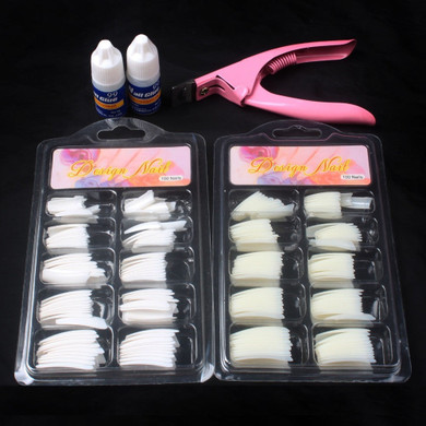 100 Pcs Natural White False Acrylic Nail Kit  French Tips & Nail Art Glue Cutter Tools Kits Set
