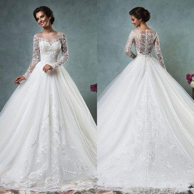 Ball Gown Wedding Dresses Scoop Neck Long Sleeve Button Sweep Train Tulle and Lace Bridal Gown Dress
