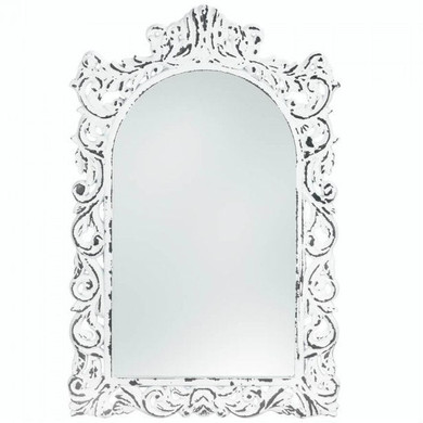 Distressed White Ornate Wood Wall Mirror