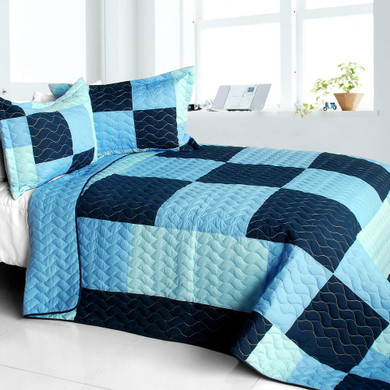 [Azurite] Vermicelli-Quilted Patchwork Plaid Quilt Set Full/Queen
