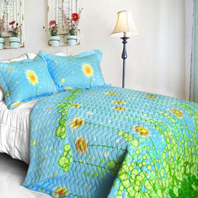 [Dandelion Dancing Night] Cotton 3PC Floral Vermicelli-Quilted Patchwork Quilt Set (King Size)