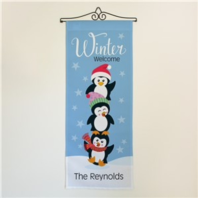 Personalized Winter Welcome With Penguins Wall Hanging