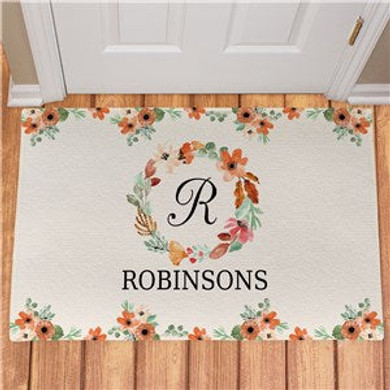 Personalized Watercolor Floral Wreath Doormat
