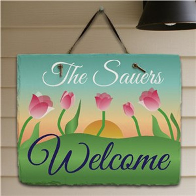 Personalized Spring Tulips Welcome Slate Plaque Personalized Spring Tulips Welcome Slate Plaque