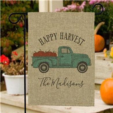 Personalized Happy Harvest Truck Burlap Garden Flag
