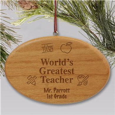 Engraved Wooden Oval Teacher Christmas Ornament