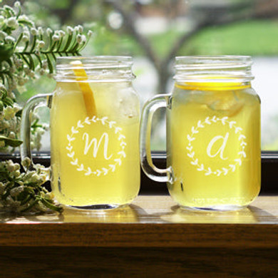 Engraved Wreath Initial Mason Jar Set