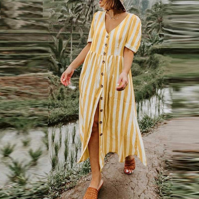 Fashion V neck Striped Shirt Dress