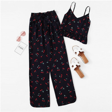 Cherry Print Ruffle Cami Pants PJ Set