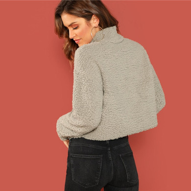Grey Preppy Mock-Neck Teddy Pullover Women Sweatshirts Grey Preppy Mock-Neck Teddy Pullover Women Sweatshirts