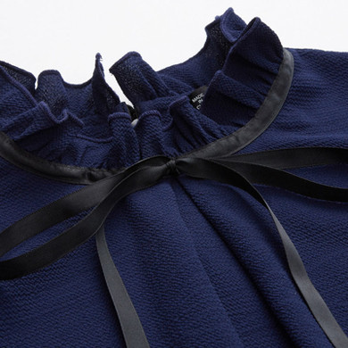 Navy Blue Bow Tied Frilled Neck Chiffon Blouse