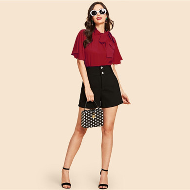 Burgundy Vintage Tie Neck Flutter Sleeve Blouse