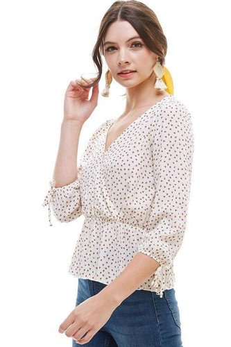 Ditsy Floral Surplice Tie Sleeve Peplum Hem Blouse