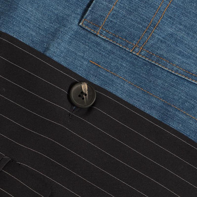 Asymmetric striped and denim patchwork jacket