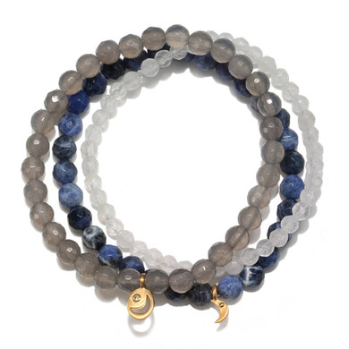 Sodalite, Grey Agate, White Jade Gold Moon Stretch Bracelet