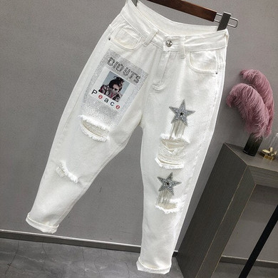 Women White Denim Pants Spring Autumn High Waist Loose Hallen Jeans Casua Vintage Hole Jeans Lady Ankle-Length Jeans Pants W2053
