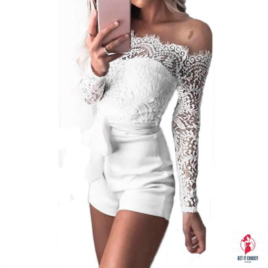 Women ladies summer autumn off shoulder sexy playsuits fashion long sleeve sheer lace patchwork hollow bandage skinny playsuits