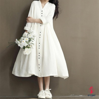 Cotton Linen White Color Women Dress 2020 Spring New Long Sleeve Stand Neck Loose Bat Sleeve Irregular Dresses
