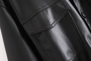 black elegant classic faux leather jacket coat with belt