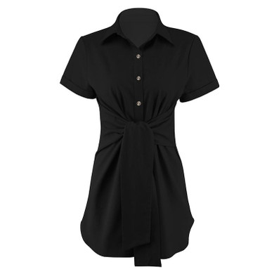 Solid Short Sleeve Waist Shirt Sashes Turn-down Collar Shirt Dress Solid Short Sleeve Waist Shirt Sashes Turn-down Collar Shirt Dress