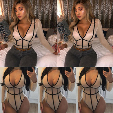 Sexy Sheer Mesh Lace Striped Print Bodysuit