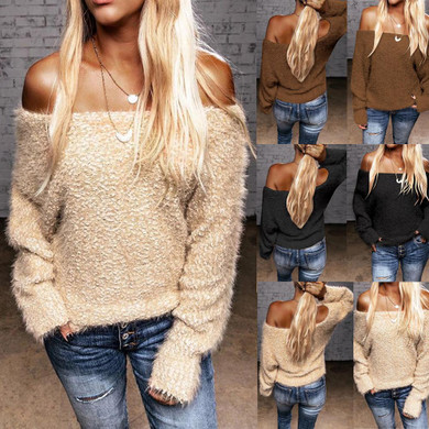 Long Sleeve Off-Shoulder Knitted Pullovers Sweater