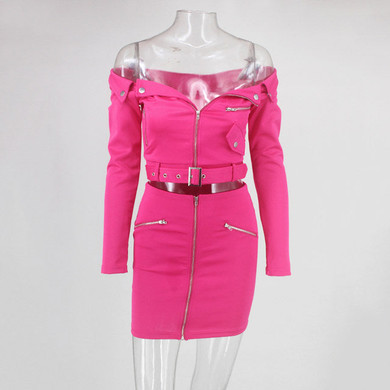 Trendy zipper detail off the shoulder jacket skirt set