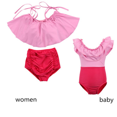 Pretty in pink ruffle matching Mommy baby kids swimsuit