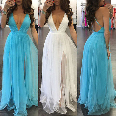 "Beauty" Deep v split detail sheer maxi evening dress