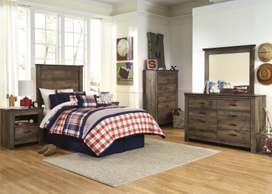 Cremona Brown Casual Bedroom Set with Twin Panel Headboard  Dresser, Mirror, Nightstand, Chest