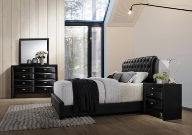 Blemerey 110 Black Wood bonded leather Bed Group  Queen Bed  Dresser  Mirror  Night Stand