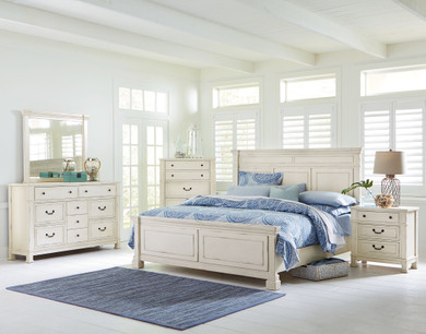 Athena Distressed Vintage White Finish Wood King Bed, Dresser, Mirror, Nightstand